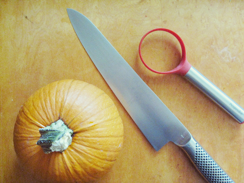 Pumpkin, sharp knife, melon scoop