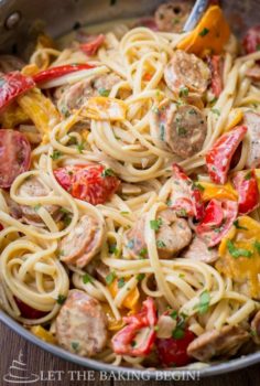 Sausage Pepper Fettuccini Skillet Dinner by Let the Baking Begin (recipe & image by Marina)